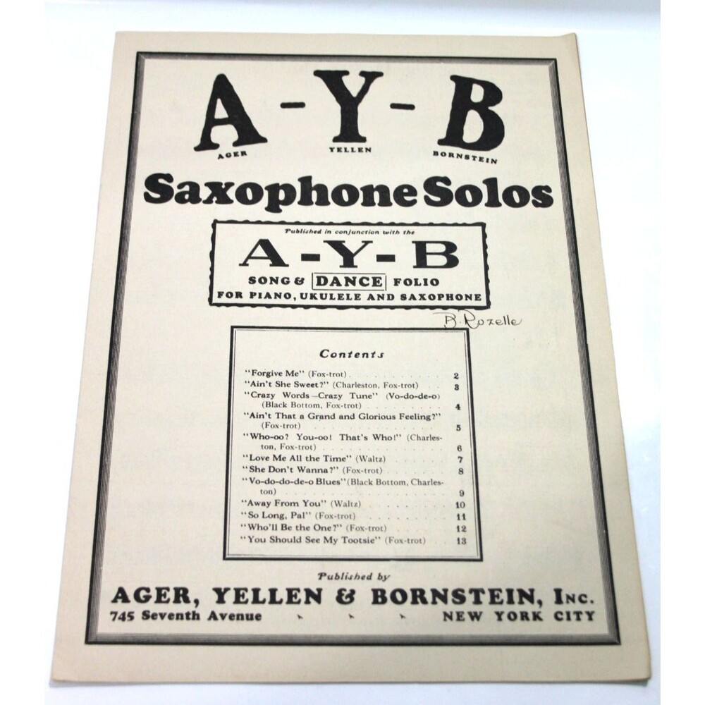 A-Y-B Saxophone Solos Slim Folio Vintage Sheet Music Piano Ukulele 1927 Music